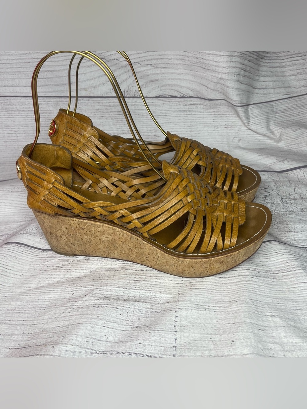 Tory Burch Women’s 11 Lottie Woven Leather Huarache Cork Wedge Sandals